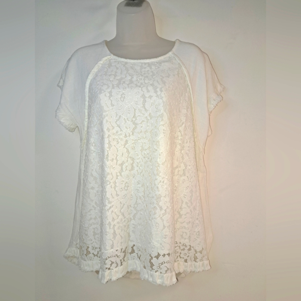 Umgee Women’s Ivory Lace Front Top Size Small Boho Short Sleeve Blouse